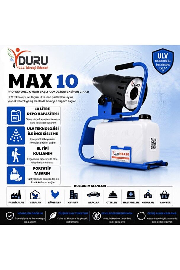 DURU MAX 10 OYNAR BAŞLIKLI EL TİPİ-PORTATİF ELEKTRİKLİ ULV  İLAÇLAMA-SİSLEME MAKİN 10 LT